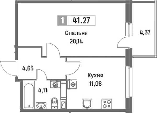 1-комнатная квартира 41.27 м², 14/16 эт., ЖК «Фотограф»
