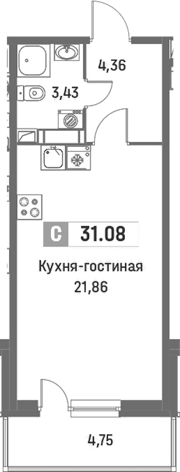 Квартира студия 31.08 м², 14/16 эт., ЖК «Фотограф»
