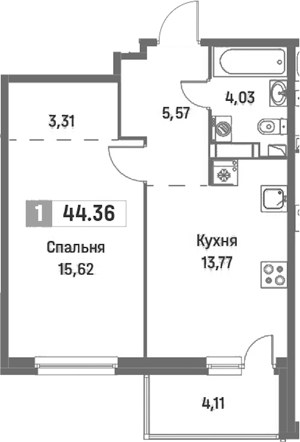 1-комнатная квартира 44.36 м², 14/16 эт., ЖК «Фотограф»