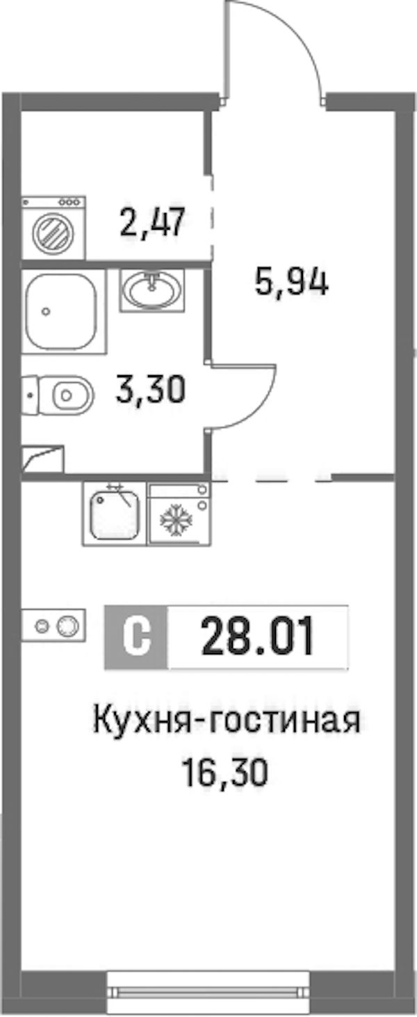 Квартира студия 28.01 м², 1/16 эт., ЖК «Фотограф»
