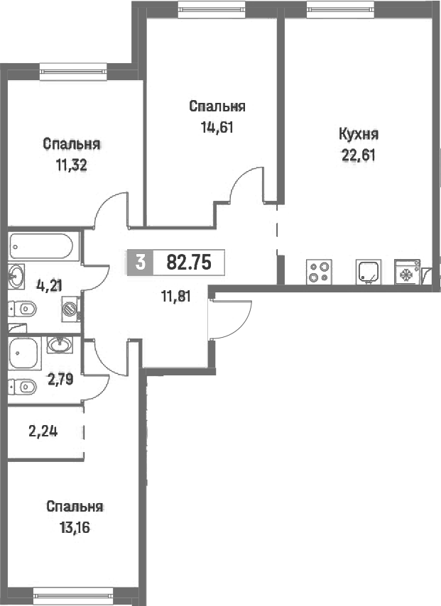 3-комнатная квартира 82.75 м², 1/16 эт., ЖК «Фотограф»