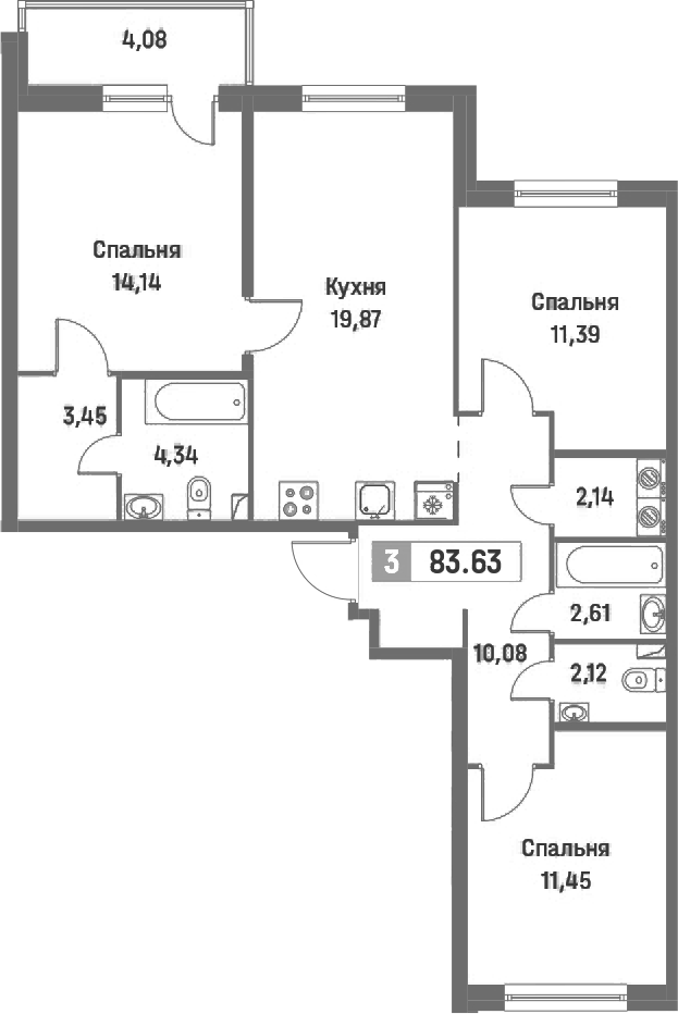 3-комнатная квартира 83.63 м², 2/16 эт., ЖК «Фотограф»