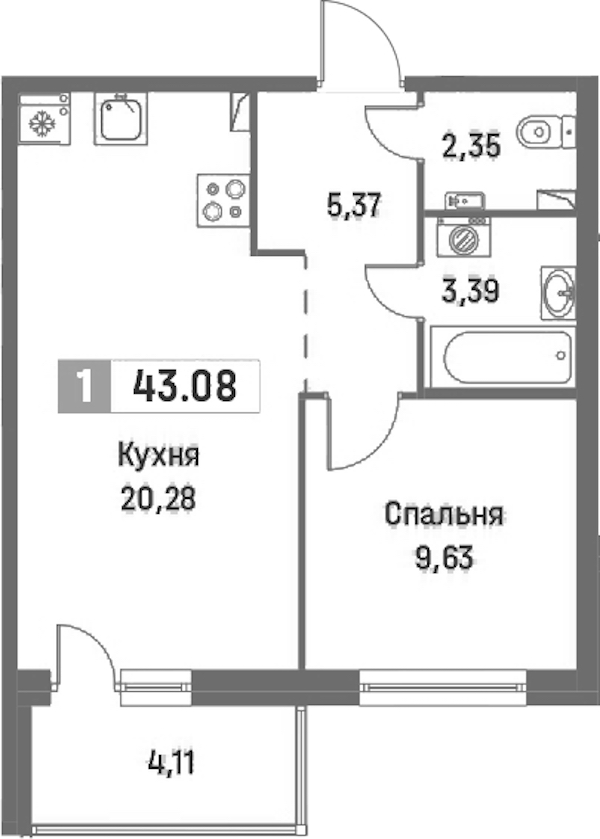 1-комнатная квартира 43.08 м², 2/16 эт., ЖК «Фотограф»
