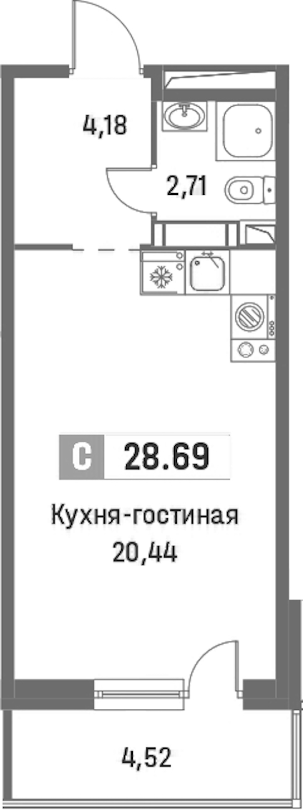 Квартира студия 28.69 м², 2/16 эт., ЖК «Фотограф»