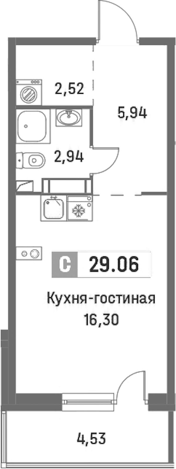 Квартира студия 29.06 м², 2/16 эт., ЖК «Фотограф»