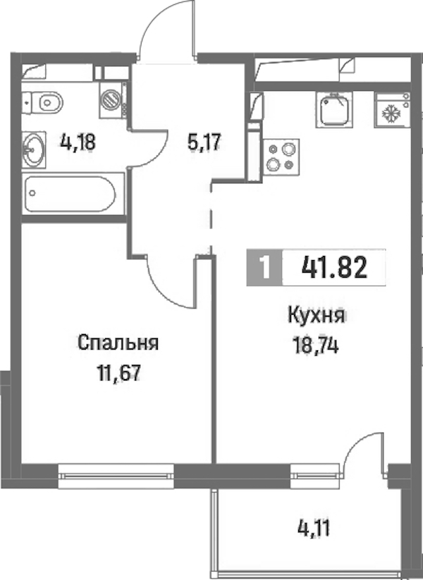 1-комнатная квартира 41.82 м², 2/16 эт., ЖК «Фотограф»