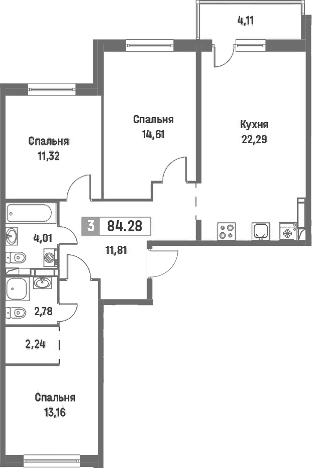 3-комнатная квартира 84.28 м², 2/16 эт., ЖК «Фотограф»