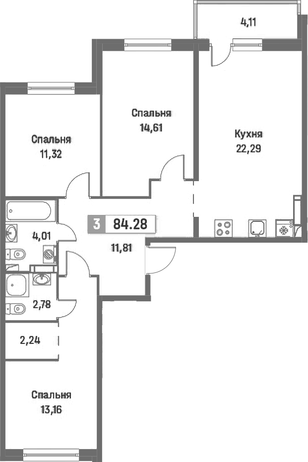 3-комнатная квартира 84.28 м², 5/16 эт., ЖК «Фотограф»