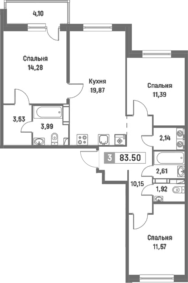 3-комнатная квартира 83.5 м², 12/16 эт., ЖК «Фотограф»