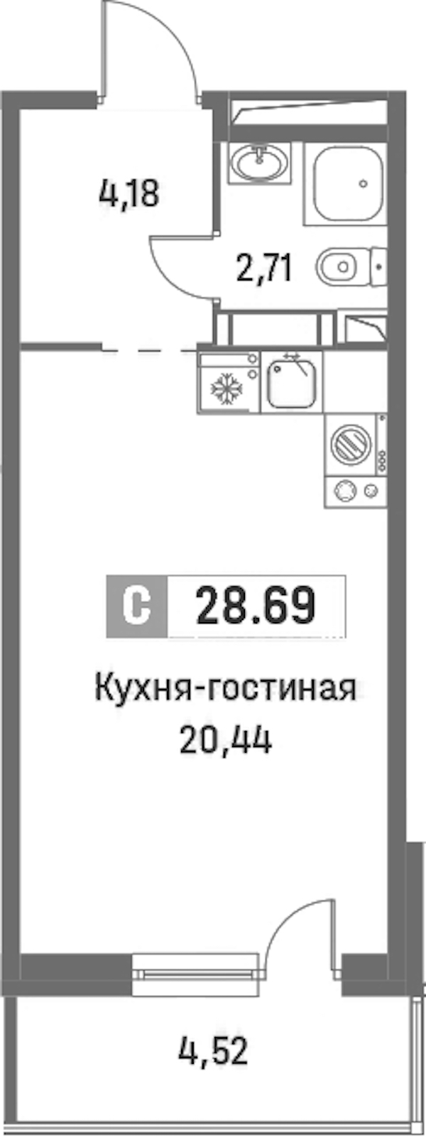 Квартира студия 28.69 м², 13/16 эт., ЖК «Фотограф»