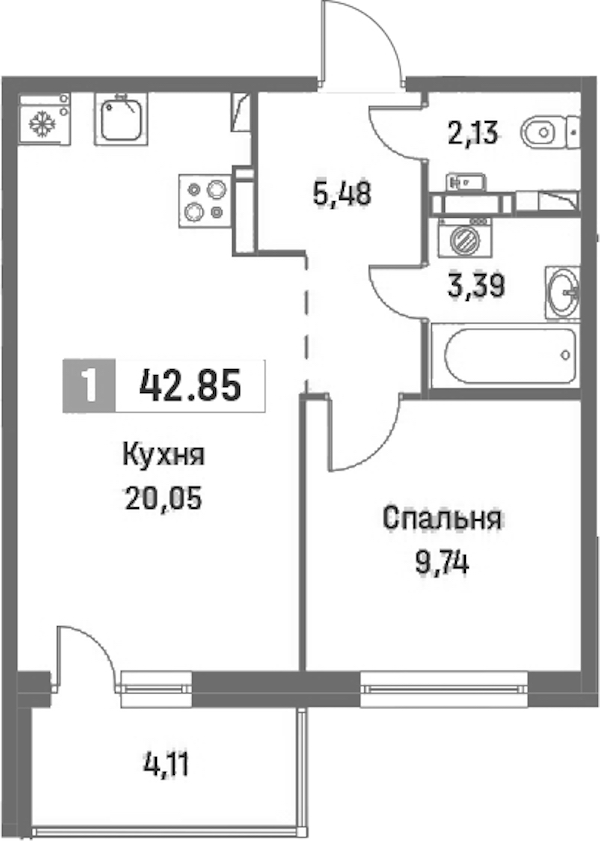 1-комнатная квартира 42.85 м², 15/16 эт., ЖК «Фотограф»