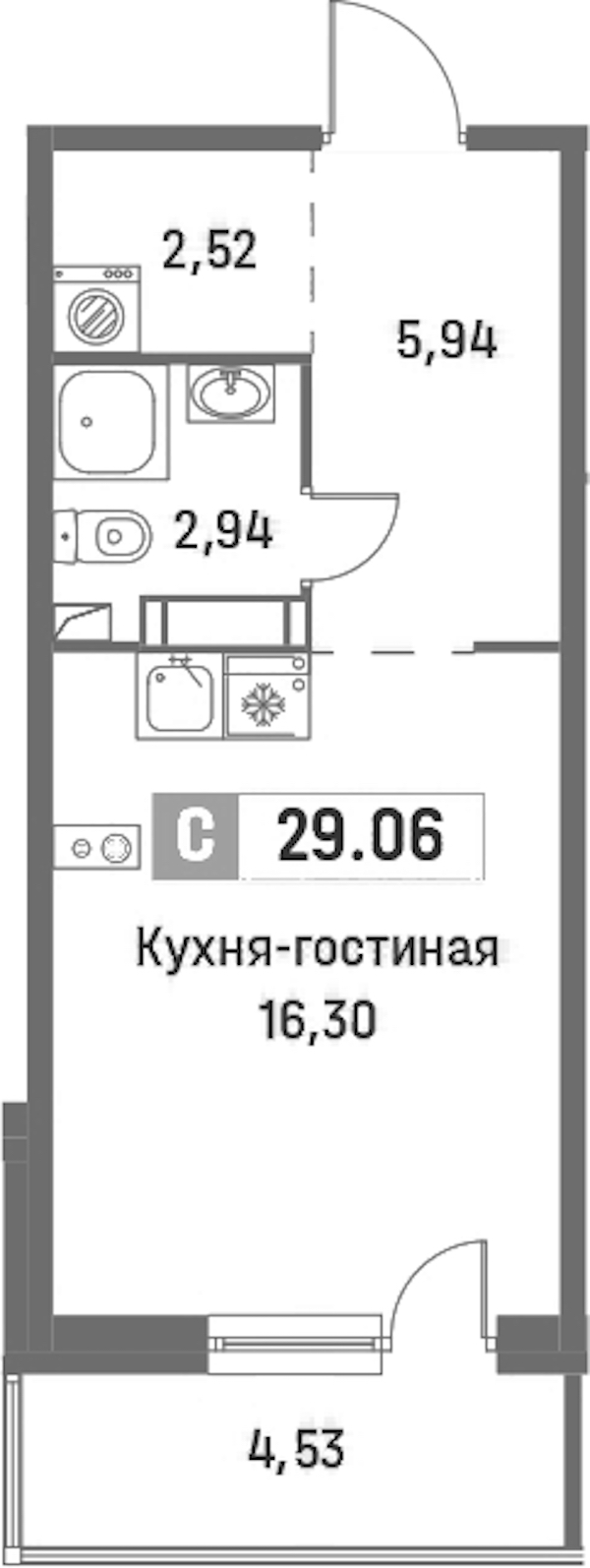 Квартира студия 29.06 м², 15/16 эт., ЖК «Фотограф»
