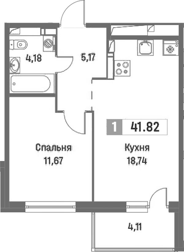 1-комнатная квартира 41.82 м², 15/16 эт., ЖК «Фотограф»