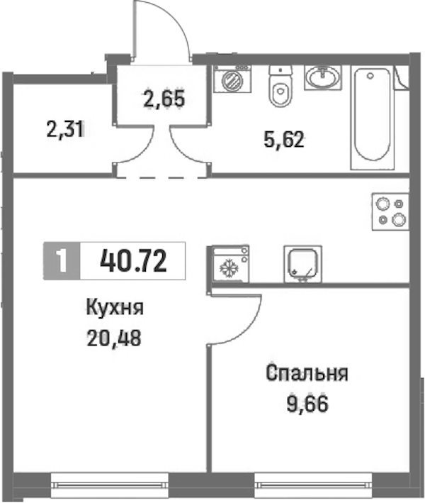 1-комнатная квартира 40.72 м², 1/16 эт., ЖК «Фотограф»