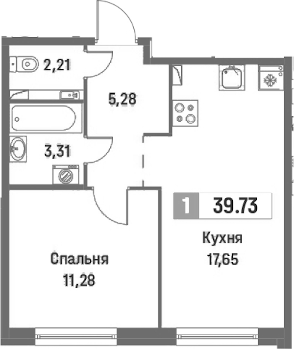 1-комнатная квартира 39.73 м², 1/16 эт., ЖК «Фотограф»