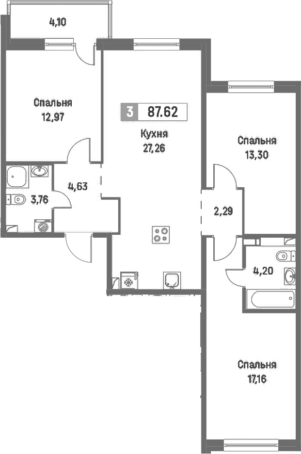 3-комнатная квартира 87.62 м², 2/16 эт., ЖК «Фотограф»