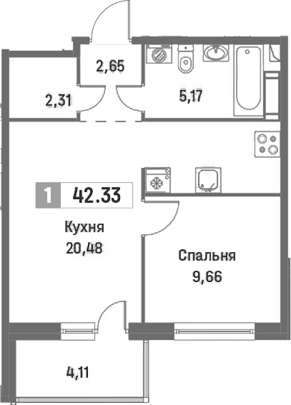 1-комнатная квартира 42.33 м², 2/16 эт., ЖК «Фотограф»