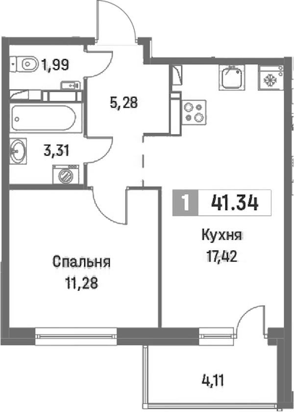 1-комнатная квартира 41.34 м², 2/16 эт., ЖК «Фотограф»