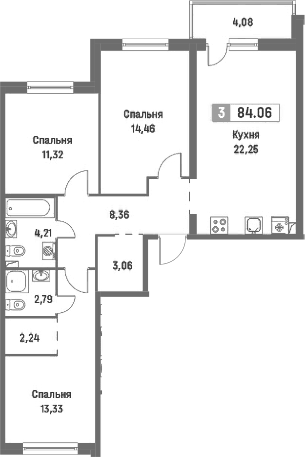 3-комнатная квартира 84.06 м², 2/16 эт., ЖК «Фотограф»