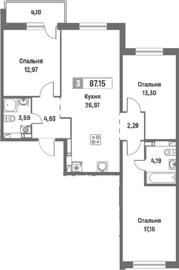 3-комнатная квартира 87.15 м², 4/16 эт., ЖК «Фотограф»