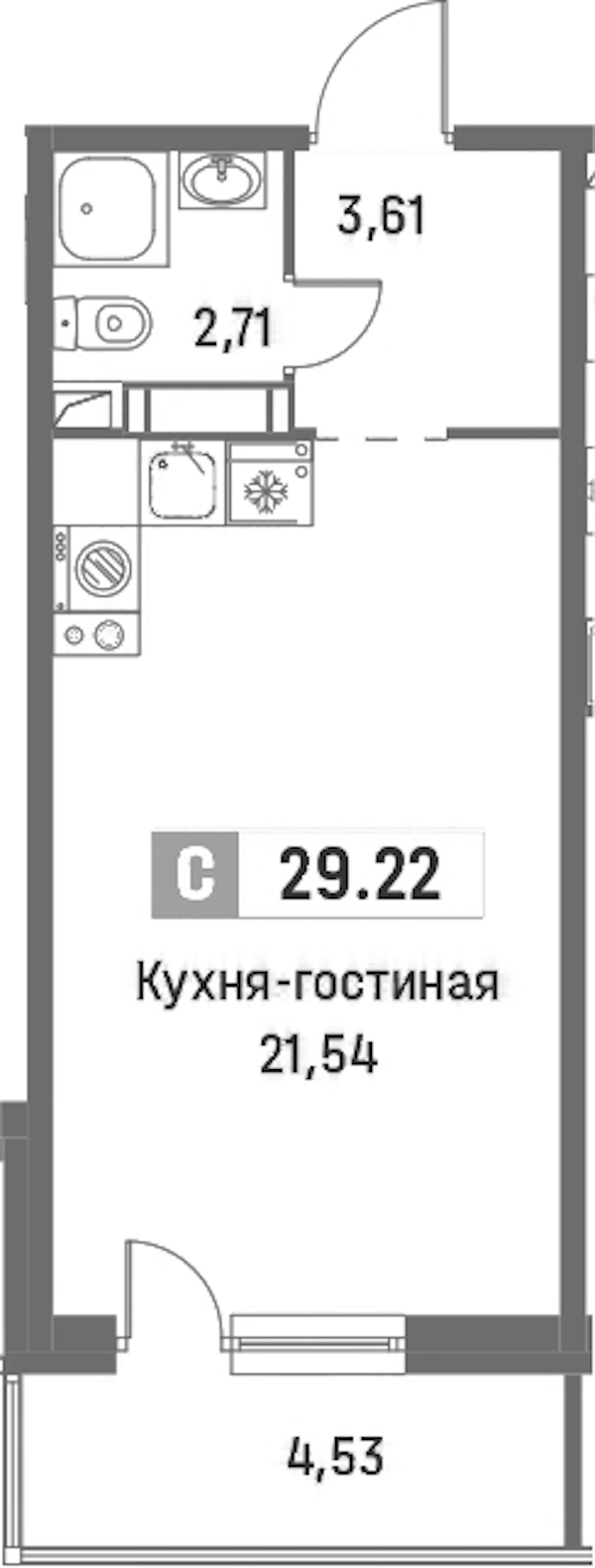 Квартира студия 29.22 м², 13/16 эт., ЖК «Фотограф»