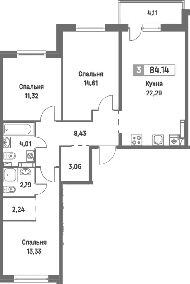 3-комнатная квартира 84.14 м², 14/16 эт., ЖК «Фотограф»