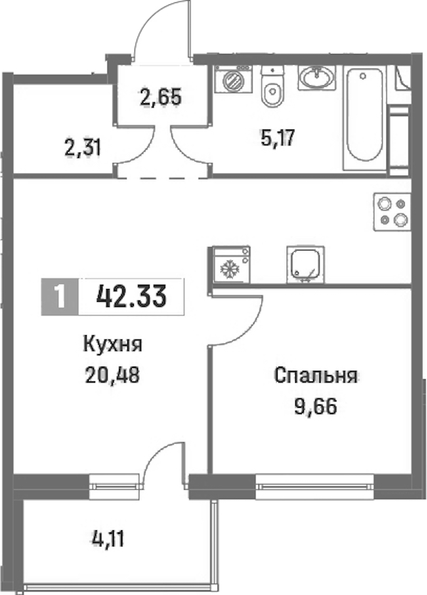 1-комнатная квартира 42.33 м², 15/16 эт., ЖК «Фотограф»