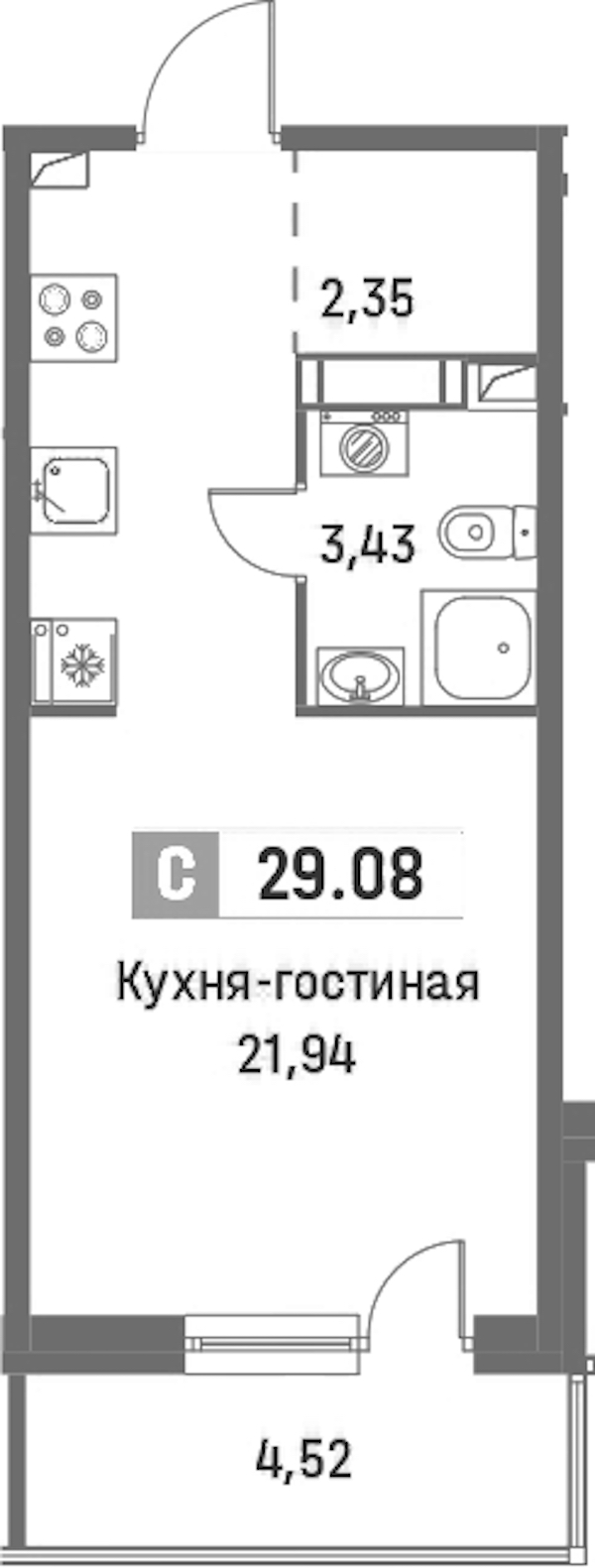 Квартира студия 29.08 м², 16/16 эт., ЖК «Фотограф»