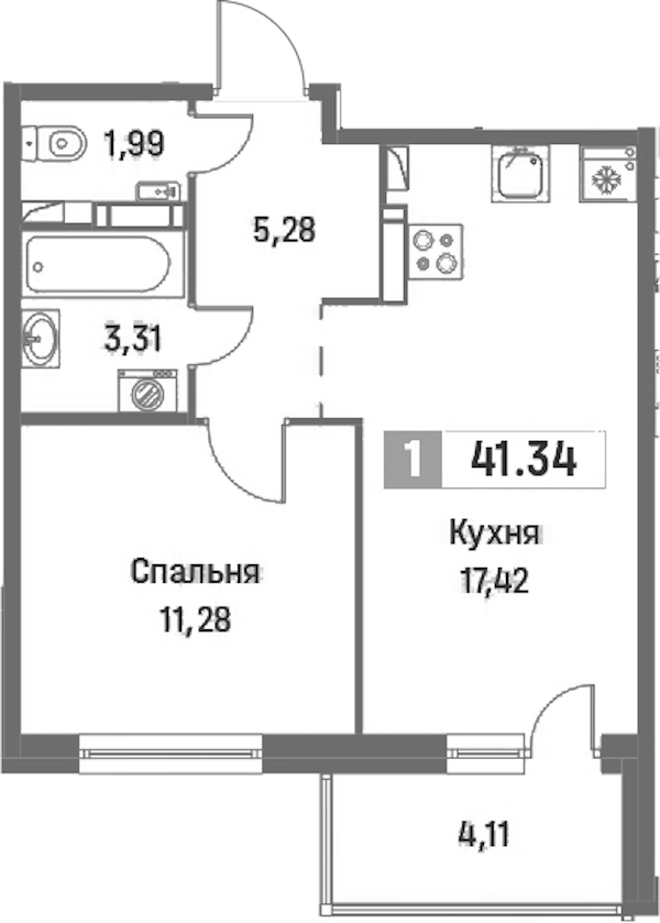 1-комнатная квартира 41.34 м², 16/16 эт., ЖК «Фотограф»