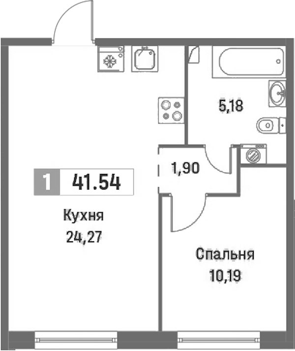 1-комнатная квартира 41.54 м², 1/16 эт., ЖК «Фотограф»