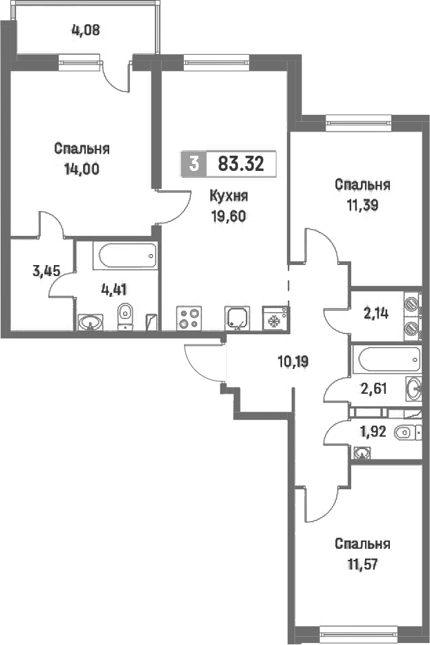 3-комнатная квартира 83.32 м², 2/16 эт., ЖК «Фотограф»