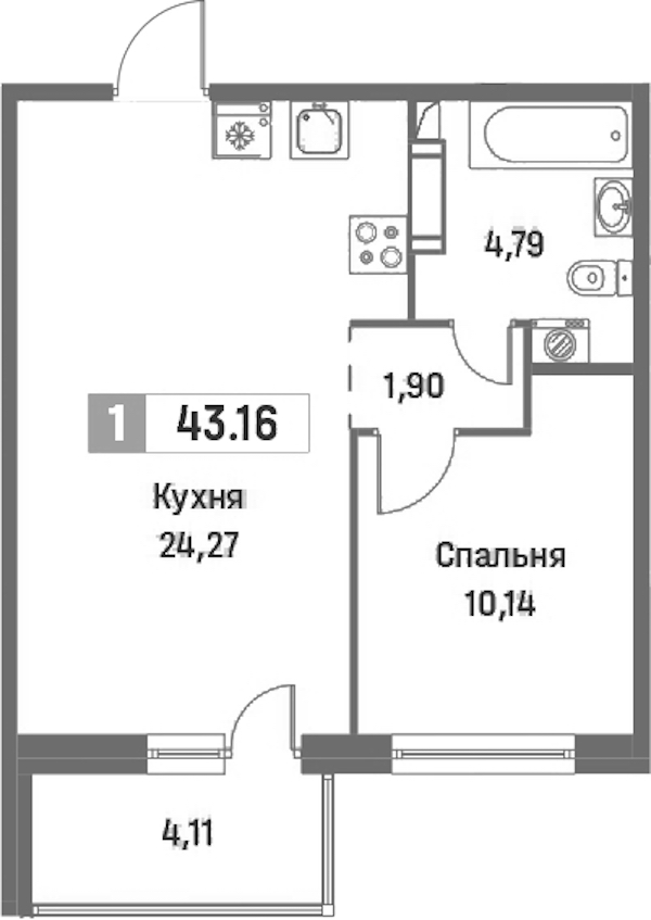 1-комнатная квартира 43.16 м², 2/16 эт., ЖК «Фотограф»