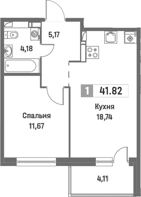 1-комнатная квартира 41.82 м², 2/16 эт., ЖК «Фотограф»