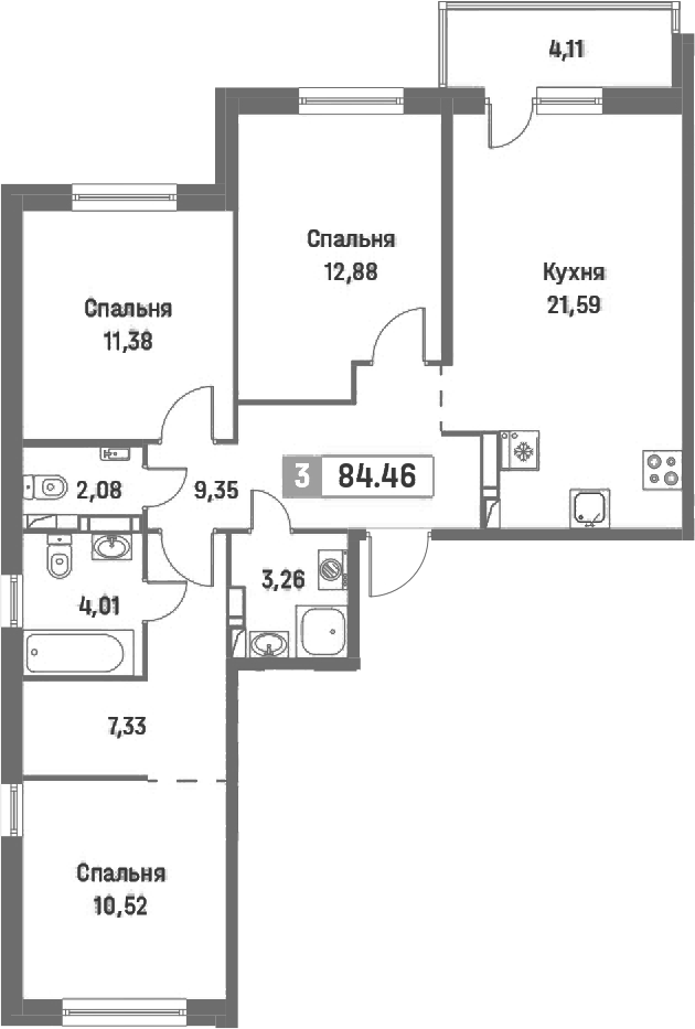 3-комнатная квартира 84.46 м², 2/16 эт., ЖК «Фотограф»