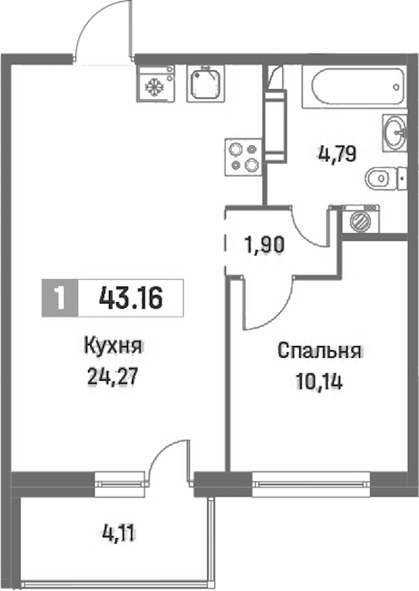 1-комнатная квартира 43.16 м², 3/16 эт., ЖК «Фотограф»