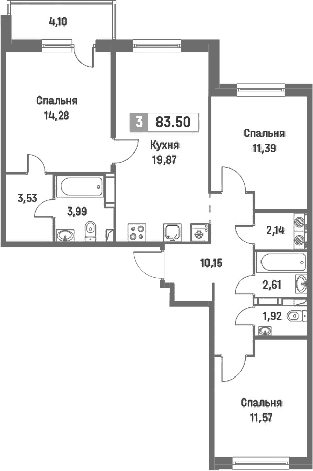 3-комнатная квартира 83.5 м², 5/16 эт., ЖК «Фотограф»