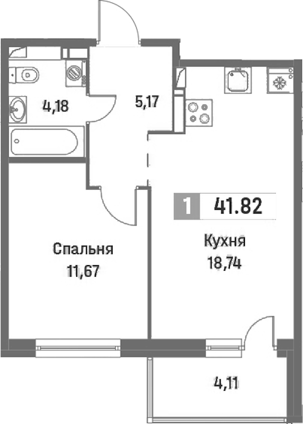 1-комнатная квартира 41.82 м², 6/16 эт., ЖК «Фотограф»