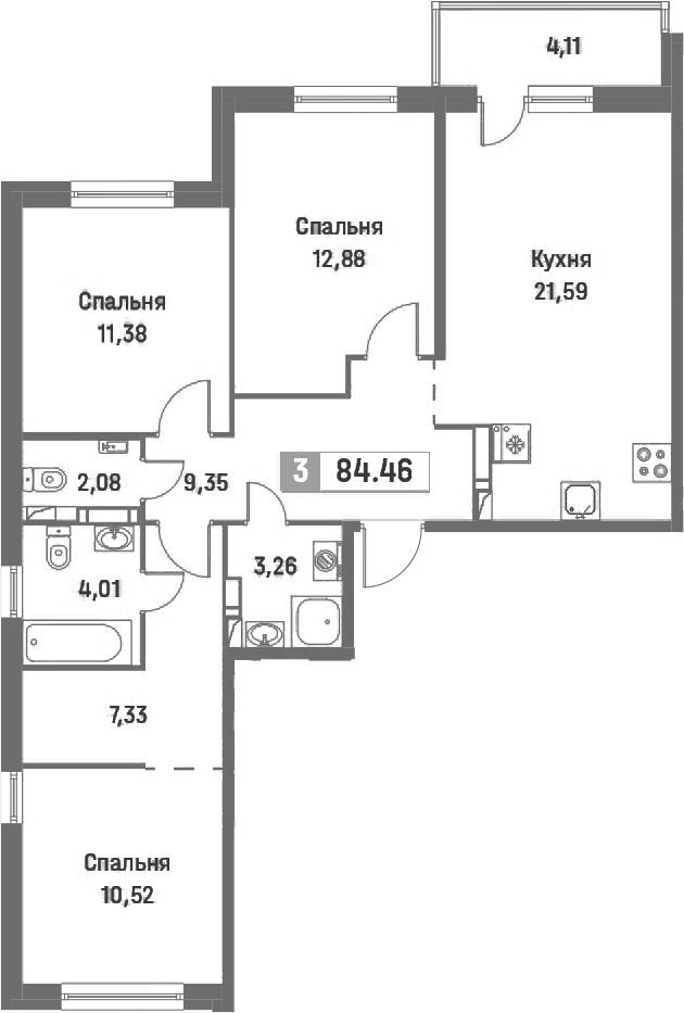 3-комнатная квартира 84.46 м², 16/16 эт., ЖК «Фотограф»