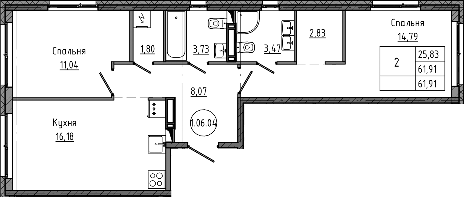 2-комнатная квартира 61.91 м², 6/12 эт., ЖК «Максималист»