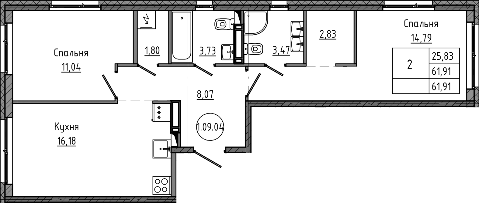 2-комнатная квартира 61.91 м², 9/12 эт., ЖК «Максималист»