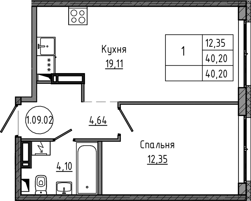 1-комнатная квартира 40.2 м², 11/12 эт., ЖК «Максималист»