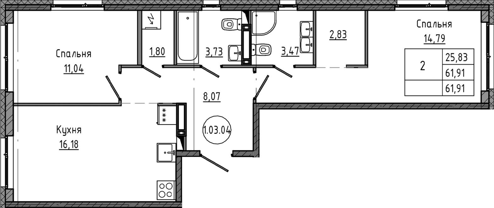 2-комнатная квартира 61.91 м², 3/12 эт., ЖК «Максималист»