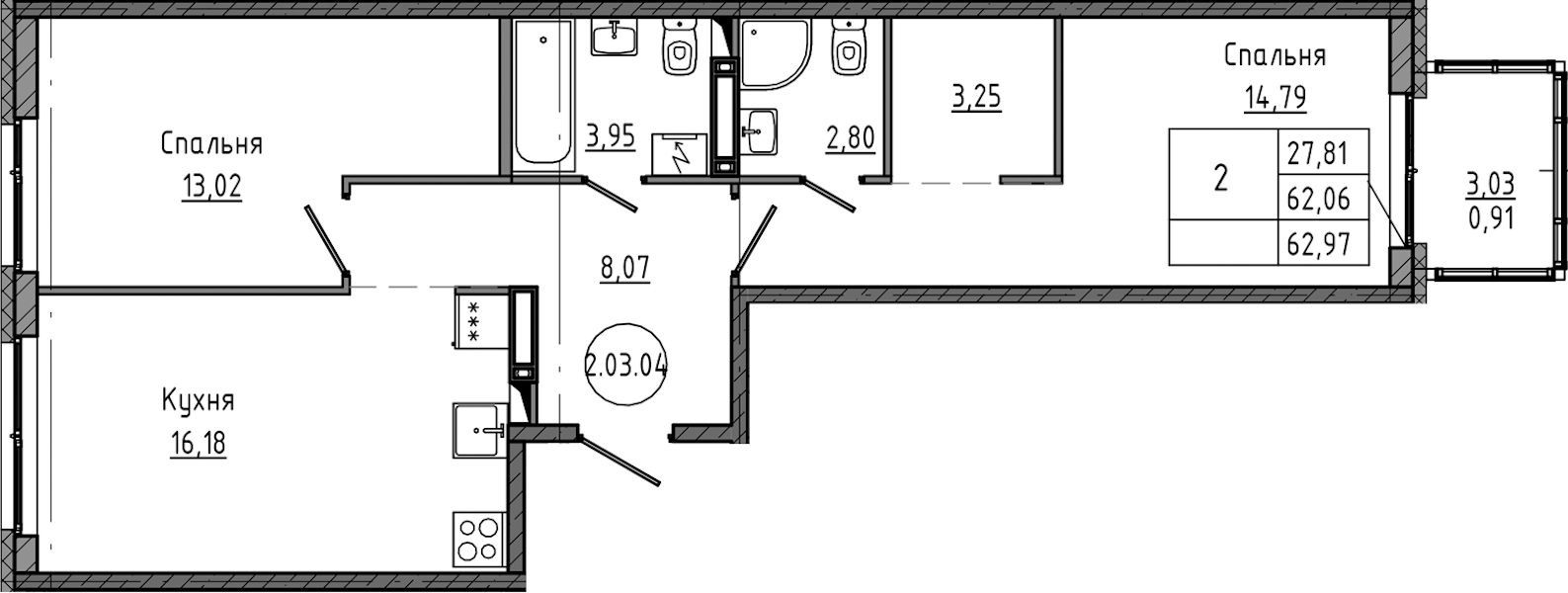 2-комнатная квартира 62.97 м², 3/12 эт., ЖК «Максималист»