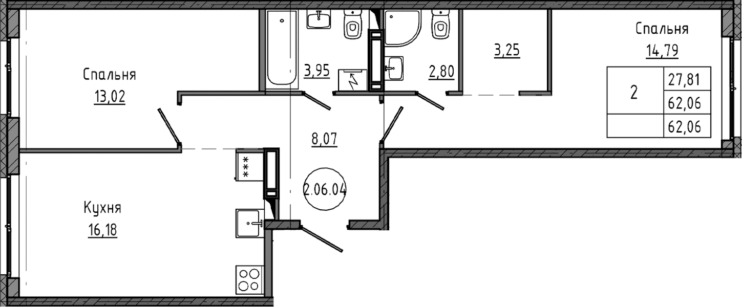 2-комнатная квартира 62.06 м², 8/12 эт., ЖК «Максималист»