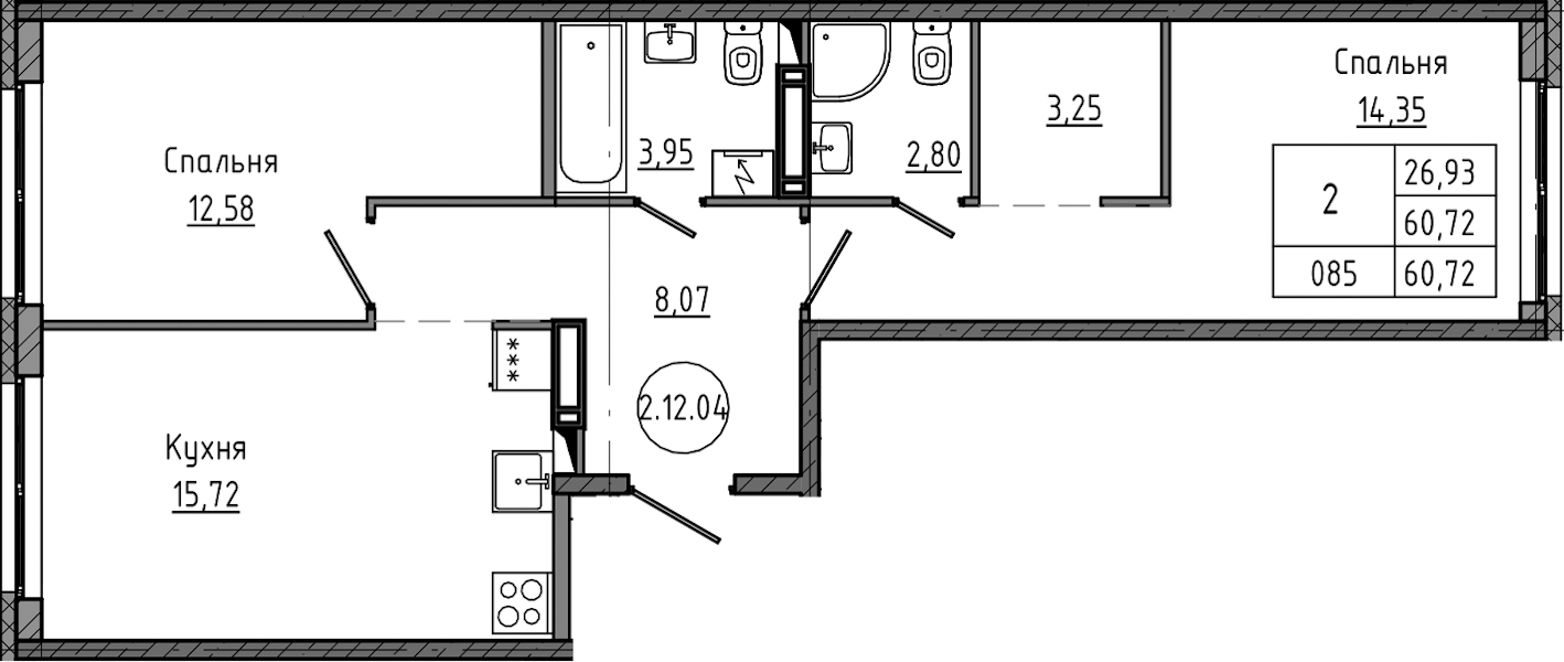 2-комнатная квартира 60.72 м², 12/12 эт., ЖК «Максималист»