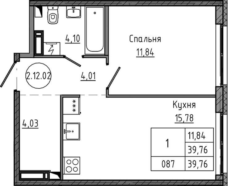 1-комнатная квартира 39.76 м², 12/12 эт., ЖК «Максималист»