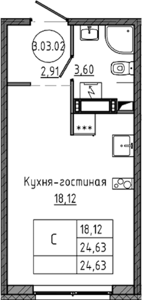 Квартира студия 24.63 м², 3/18 эт., ЖК «Максималист»
