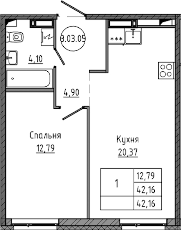 1-комнатная квартира 42.16 м², 3/18 эт., ЖК «Максималист»