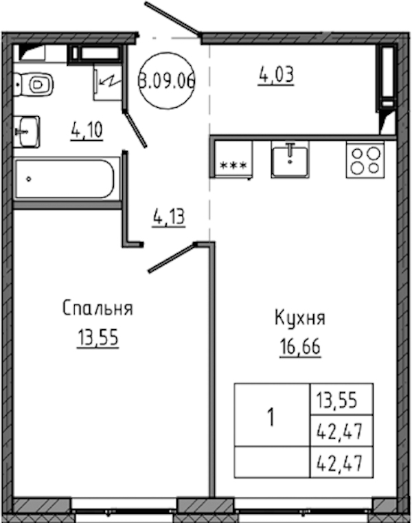1-комнатная квартира 42.47 м², 9/18 эт., ЖК «Максималист»