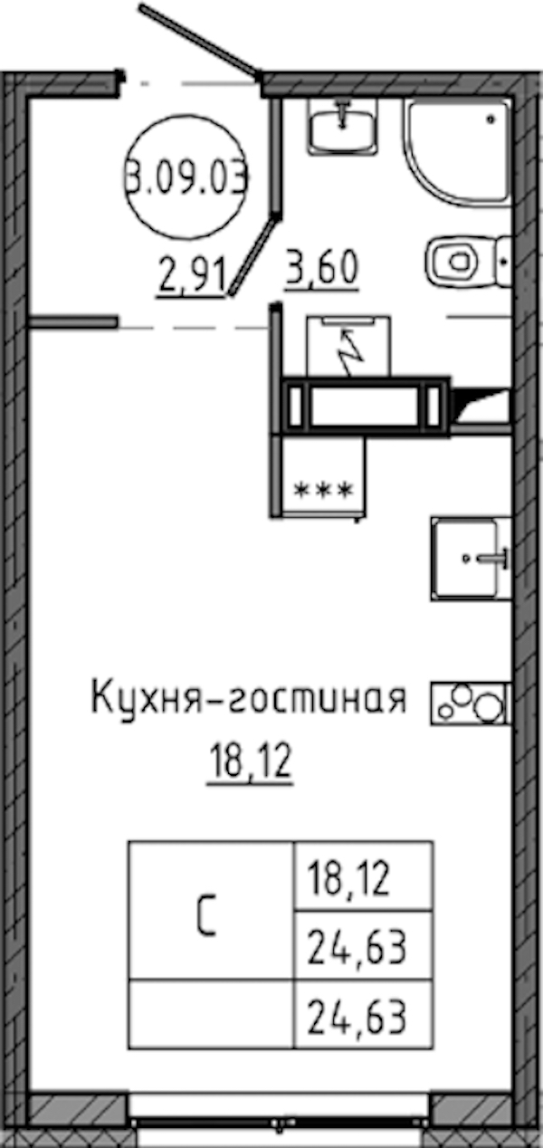Квартира студия 24.63 м², 9/18 эт., ЖК «Максималист»